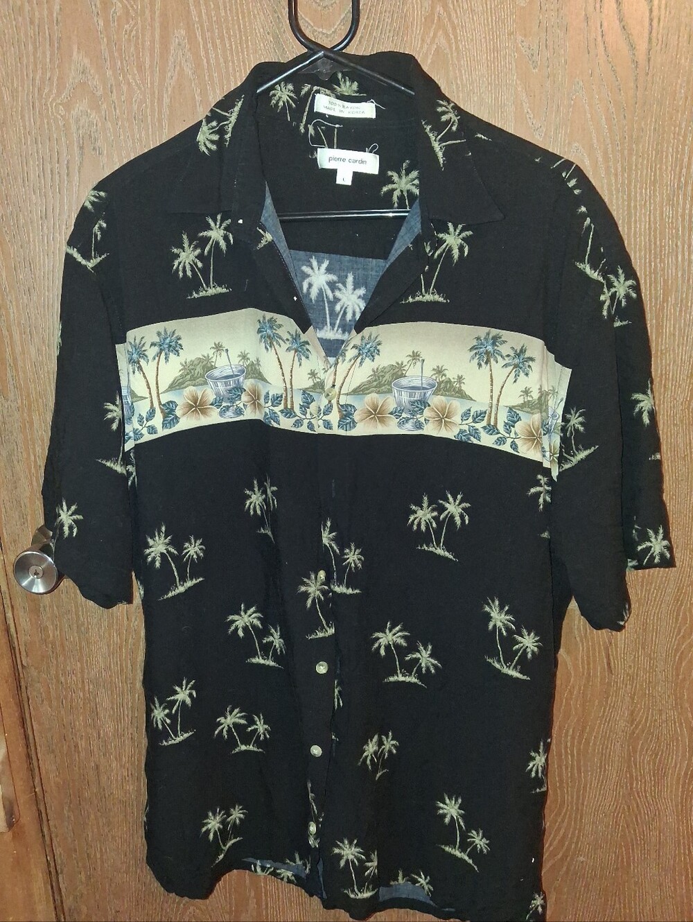 Pierre Cardin Black Palm-Print Short Sleeve Button-Down Shirt with Cream Band